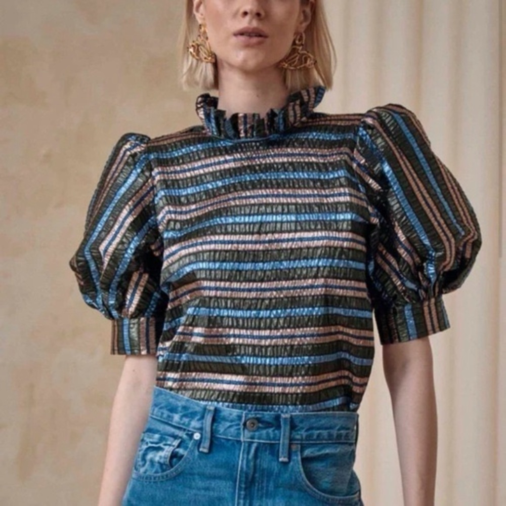 Hunter Bell Shimmering Striped Puff Sleeve Blouse